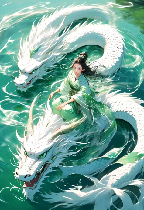 hyper-realistic ，A white Chinese dragon swims under the lake, There is a beautiful girl in white beside me,，Bird's eye view styl...
