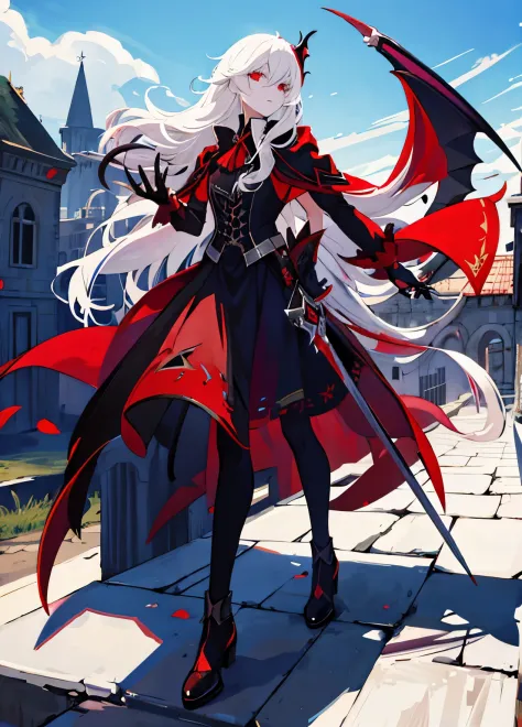 vampire，long white hair，Stand on the roof of the castle and look into the distance，red sword，Gorgeous black cloak，red eyes，ruins