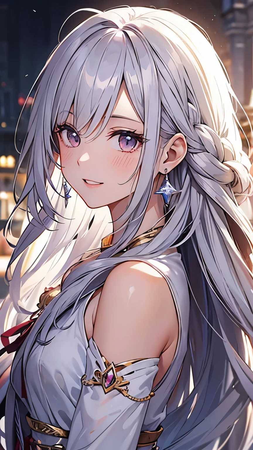 cabelo longo, Brincos de cristal, corar, Sorriso, Cabelo prateado, mecha de cabelo, fita, lábios entreabertos, gráfico de caracteres, visão em primeira pessoa, tachi-e, estilo anime, Obra de arte