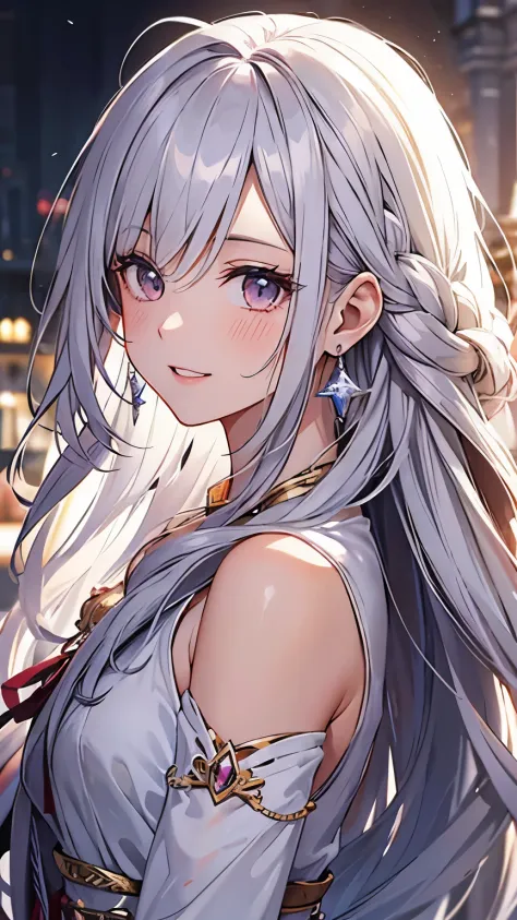 long hair, crystal earrings, blush, smile, silver hair, hair strand, ribbon, parted lips, character chart, first-person view, ta...