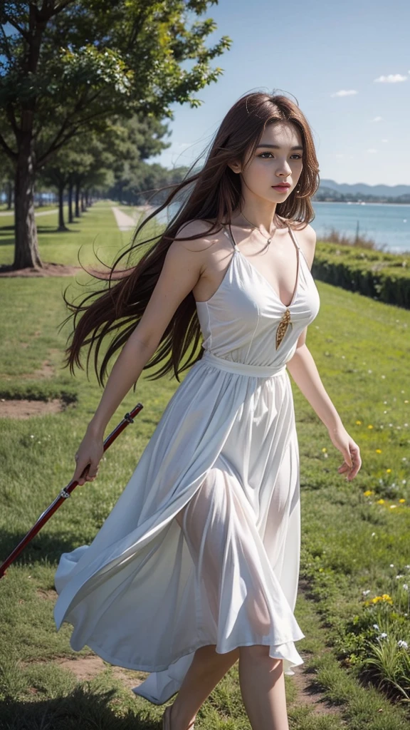 Young woman, White dress, red cloth, (red hair, long hair, long hairมาก), (Huge breasts, big breast, Breast augmentation), (small waist, thin body), (majestic, Charming Succubus), (Short white dress, tight fitting, gold pattern), (Red coat, Cloak of Float), (Low-angle shots, Walking posture), (sky backdrop, cliff, meadow), (holding a wizard&#39;s long staff)