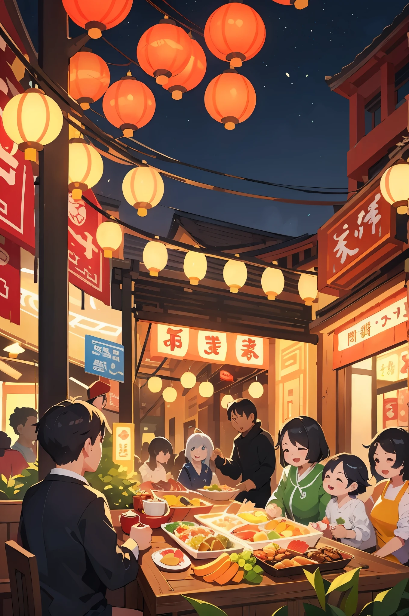 masterpiece，best quality，Outdoor scene，，Food City，Chinese modern city street，undulating streets，Department of Healing，Green tree，Hot pot restaurant，lantern，Soft lighting，Beautiful illustrations，bright day