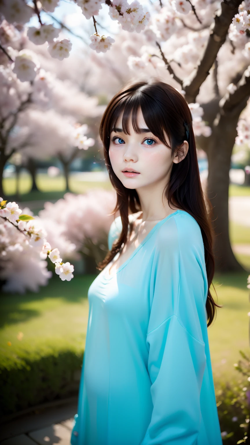 Cherry blossoms fall in the background，girl&#39;s melancholy face，Hair color is white，blurred background、anatomy、Russian２０Talented Woman、small face、detailed beautiful eyes、plump lips、detailed eyes and face、turquoise eyes、long eyelashes、1 girl、skin like white porcelain、Soft and delicate skin、bangs are short、medium long hair、full face，clothes are talking blue，The subject of the painting is a mysterious girl whose cherry blossoms are falling.。，perfect proportions，Beautiful body proportions，Full body front design、born、highest quality、High resolution、masterpiece:1.3、８ｋ