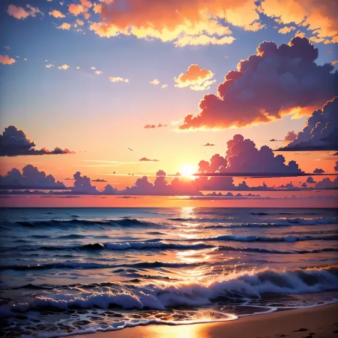 an absolutely mesmerizing sunset over the beach, with a blend of oranges, pinks, and yellows filling the sky. crystal-clear wate...