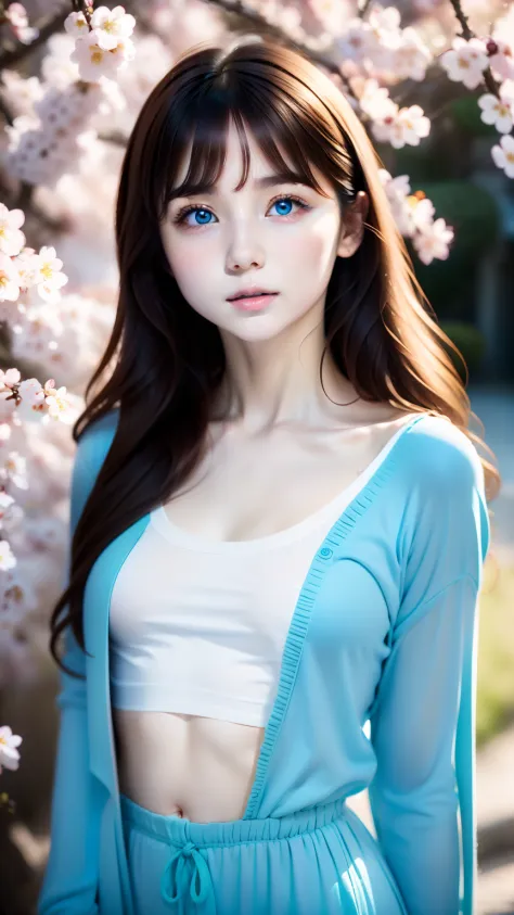 Cherry blossoms fall in the background，girl&#39;s melancholy face，Hair color is white，blurred background、anatomy、Russian２０Talented Woman、small face、detailed beautiful eyes、plump lips、detailed eyes and face、turquoise eyes:1.3、long eyelashes、1 girl、skin like...
