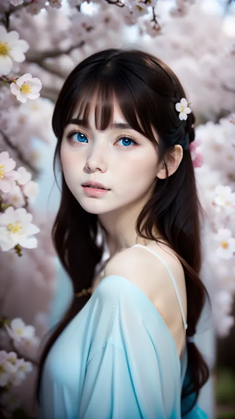 cherry blossoms fall in the background，girl&#39;s melancholy face，hair color is white，blurred background、anatomy、russian２０talent...