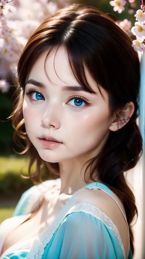 blurred background、anatomy、Russian２０Talented Woman、small face、detailed beautiful eyes、plump lips、detailed eyes and face、turquoise eyes、long eyelashes、1 girl、skin like white porcelain、Soft and delicate skin、bangs are short、medium long hair、brown hair、carefu...