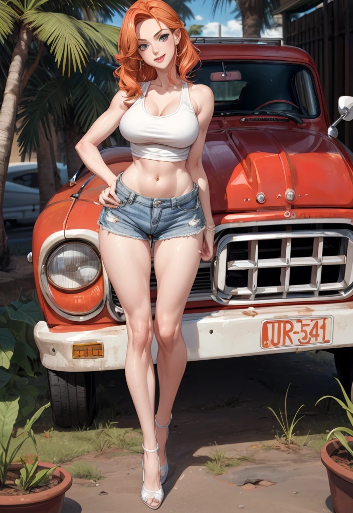 Woman in shorts and tank top standing next to a red truck, Daisy Duques, amouranth, blonde goddess, sexy girl with shorts, pinup body, Pinup Model, better known as amouranth, in front of a garage, Alexa Grace, joven hermosa amouranth, sexy girl, Perfect form, perfect body, looking hot