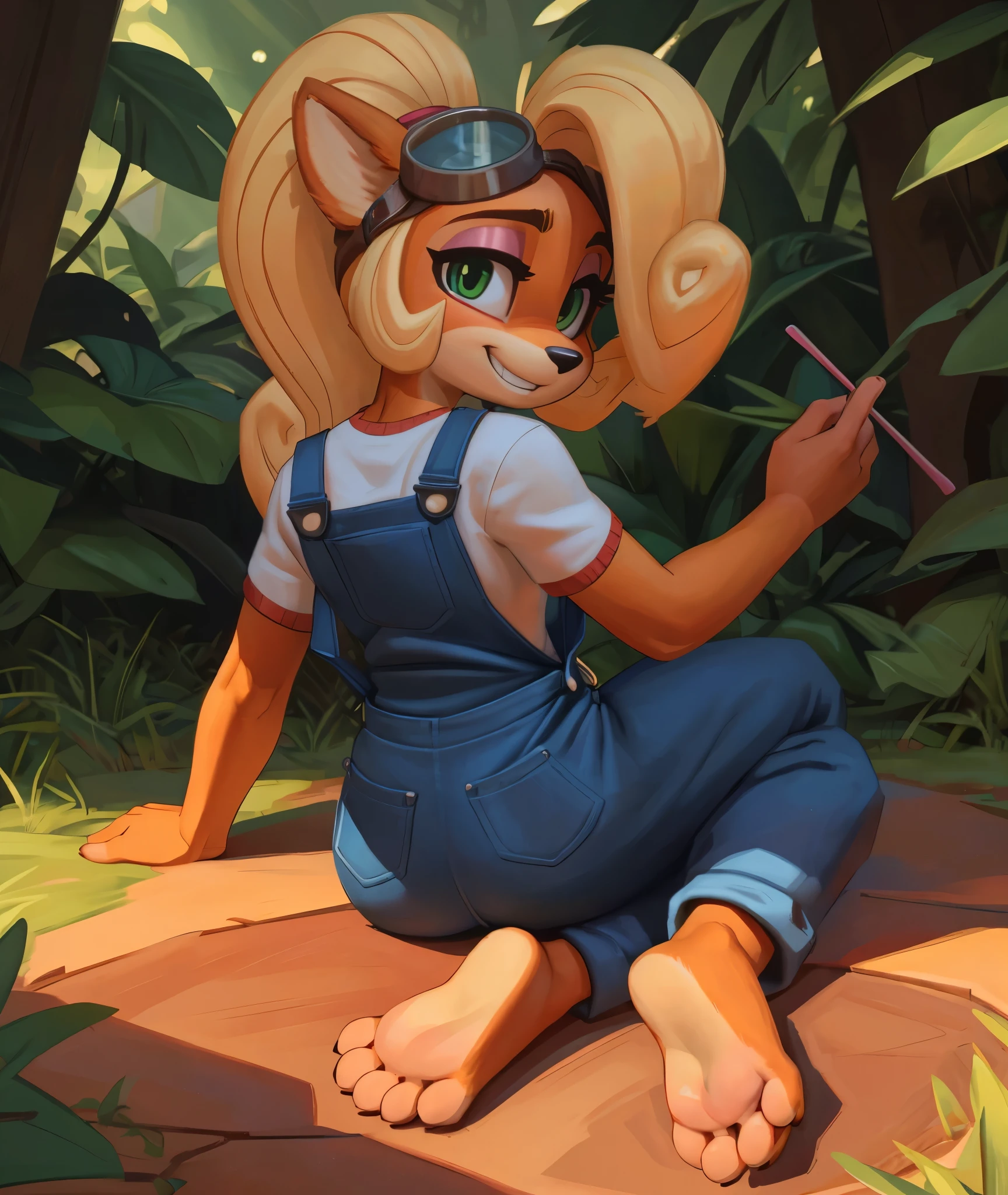 [Coco bandicoot], [Uploaded to e621.net; (Pixelsketcher), (wamudraws)], ((masterpiece)), ((HD)), ((solo portrait)), ((full body)), ((back view)), ((feet visible)), ((furry; anthro)), ((detailed fur)), ((detailed shading)), ((beautiful render art)), ((intricate details)), {anthro; orange fur, black nose, (cute green eyes), (short eyelashes), (pink eyeshadow), (long blonde curly hair), (curly ponytail), (curvy hips), (beautiful legs), (beautiful feet), (humanoid feet), (detailed soles), (blushing), (cute grin)}, {(white tee shirt), (denim overalls), (goggles on head)}, {(on ground), (crossed legs), (wiggling toes), (looking back), (looking at viewer)}, [background; (tropical forest), (grass plains), (blue sky), (sun rays), (ambient lighting)]