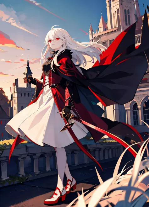 vampire，long white hair，stand on the roof of the castle and look into the distance，red sword，gorgeous black cloak，red eyes，ruins