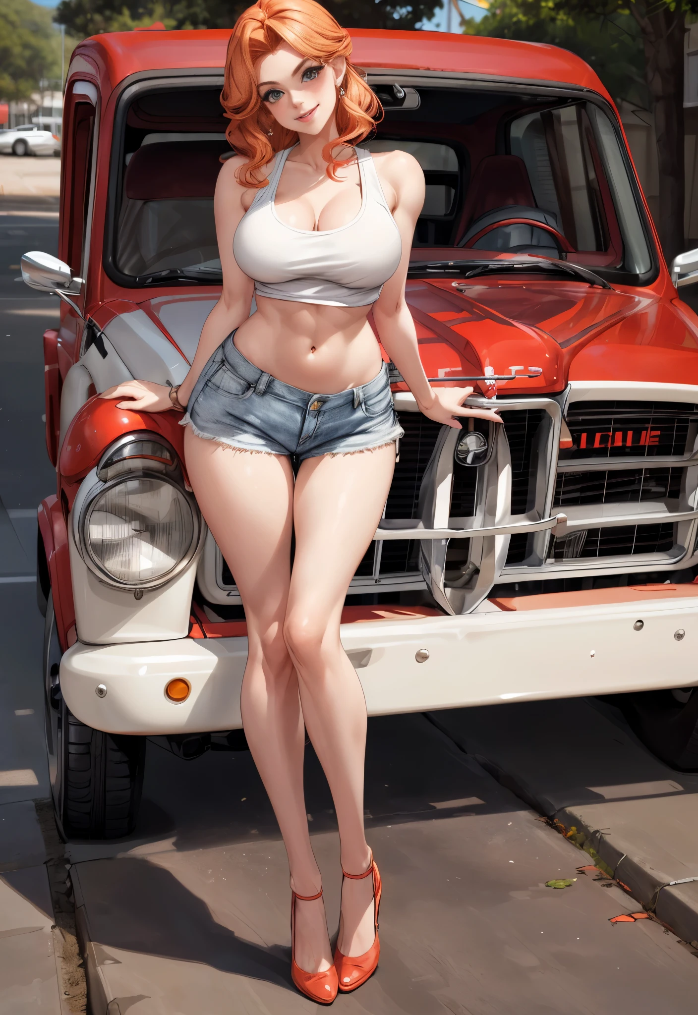 Woman in shorts and tank top standing next to a red truck, Daisy Duques, amouranth, blonde goddess, sexy girl with shorts, pinup body, Pinup Model, better known as amouranth, in front of a garage, Alexa Grace, joven hermosa amouranth, sexy girl, Perfect form, perfect body, looking hot
