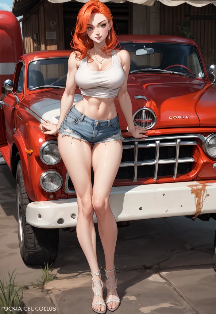 Woman in shorts and tank top standing next to a red truck, Daisy Duques, Sophie Turner, blonde goddess, sexy girl with shorts, pinup body, Pinup Model, better known as amouranth, in front of a garage, alexa grace, young beautiful Amouranth, sexy girl, Perfect form, perfect body, looking hot