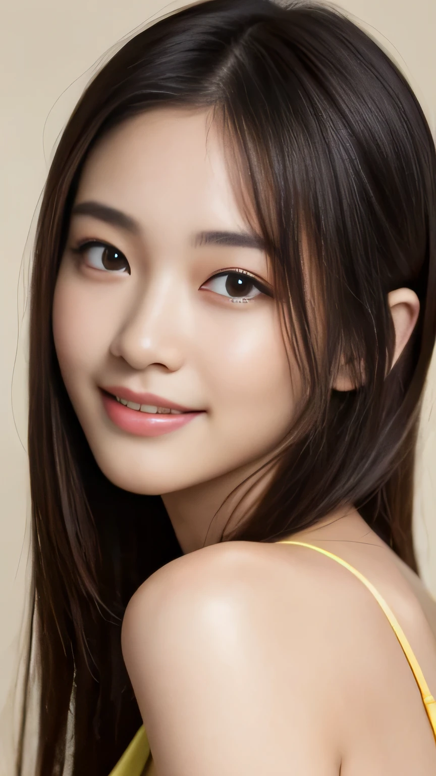 ((Best Quality, 8K, Masterpiece:1.3)), hyperrealistics style, (Imada Mio:0.5), (Kawaguchi Haruna:0.9), Photos of young Japanese women, very small chest, tall and pretty woman, slender abs, long black hair, Yellow-green skirt, double eyelids, standing in a white room, looking at the viewers, highly detailed glossy eyes, high detailed skin, skin pores, beautiful, Super Fine Face, exquisitely rendered details on face and skin texture, organic, stunningly beauty, beautiful eyes, Soft and smooth body、slender body, smiling confidently