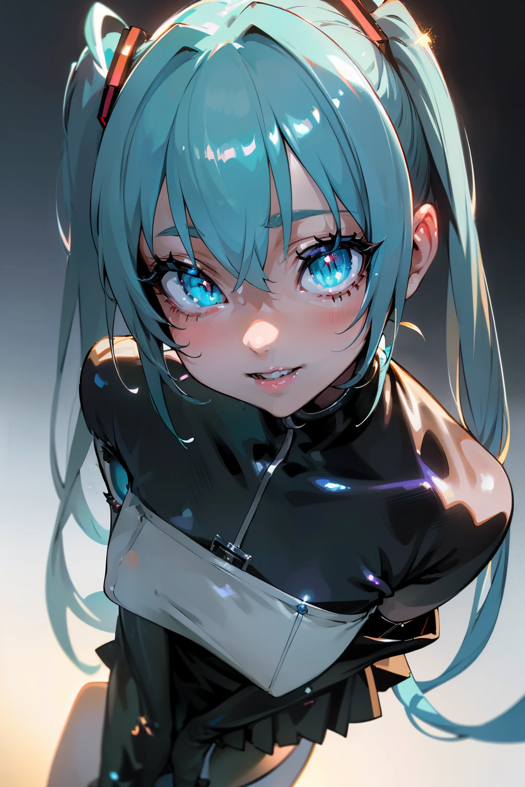 (((Asanagi Art Style))), (((1girl))), (((Waifu, VOCALOID, Miku Hatsune Waifu))), (((Long Hair, Twintails Hair))), ((Cyan Eyes eyes:1.3, Upturned Eyes: 1, Perfect Eyes, Beautiful Detailed Eyes, Gradient eyes: 1, Finely Detailed Beautiful Eyes: 1, Symmetrical Eyes: 1, Big Highlight On Eyes: 1.2)), (((Lustrous Skin: 1.5, Bright Skin: 1.5, Skin Fair, Shiny Skin, Very Shiny Skin, Shiny Body, Plastic Glitter Skin, Exaggerated Shiny Skin, Illuminated Skin))), (Detailed Body, (Detailed Face)), Face Close-up, Facing Front, Facing Camera, Young, (Best Quality), Shirt, Loose Skirt, Modest Clothing, Skin Covered, High Resolution, Sharp Focus, Ultra Detailed, Extremely Detailed, Extremely High Quality Artwork, (Realistic, Photorealistic: 1.37), 8k_Wallpaper, (Extremely Detailed CG 8k), (Very Fine 8K CG), ((Hyper Super Ultra Detailed Perfect Piece)), (((Flawlessmasterpiece))), Illustration, Vibrant Colors, (Intricate), High Contrast, Selective Lighting, Double Exposure, HDR (High Dynamic Range), Post-processing, Background Blur, Inky Shadows, Darker Shadows, Thick Shadows, High Quality Shadows, high detail, realistic, Cinematic Light, sidelighting, Lens Flare, Ray tracing, sharp focus,