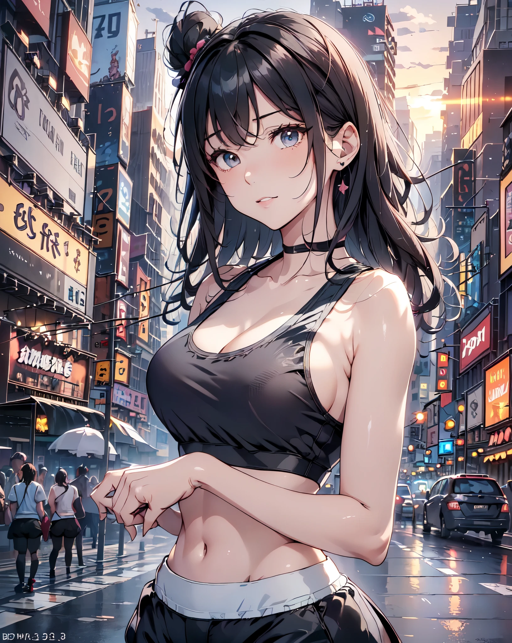 (masterpiece, best quality:1.37), high resolution, Super detailed, Super sharp, rest, korean school idol, (((1 girl:1.37, alone))), (beautiful anime face, cute face, Detailed face), (black hair, thin hair, short hair, Bangs, Ji Qie), Delicate and beautiful cyan eyes, rest, ((Detailed gray sports bra:1.5), (detail shorts:1.5)), rest, cute look, Watermelon ears, Detailed clothes), faint smile, Keep your mouth shut, open lips, pink lipstick, rest, ((permanent, Put your arms behind your back,:1.3, cowboy shooting)), detailed human hands, HDTV:1.2, ((Detailed sunset New York City downtown street view background:1.3)), 8 life size, thin and long, anime style, anime style school girl, perfect anatomy, Perfect proportion, Inspiration from Kyoto Animation and A-1 Pictures, evening, Excellent lighting, bright colors, clean lines, lifelike