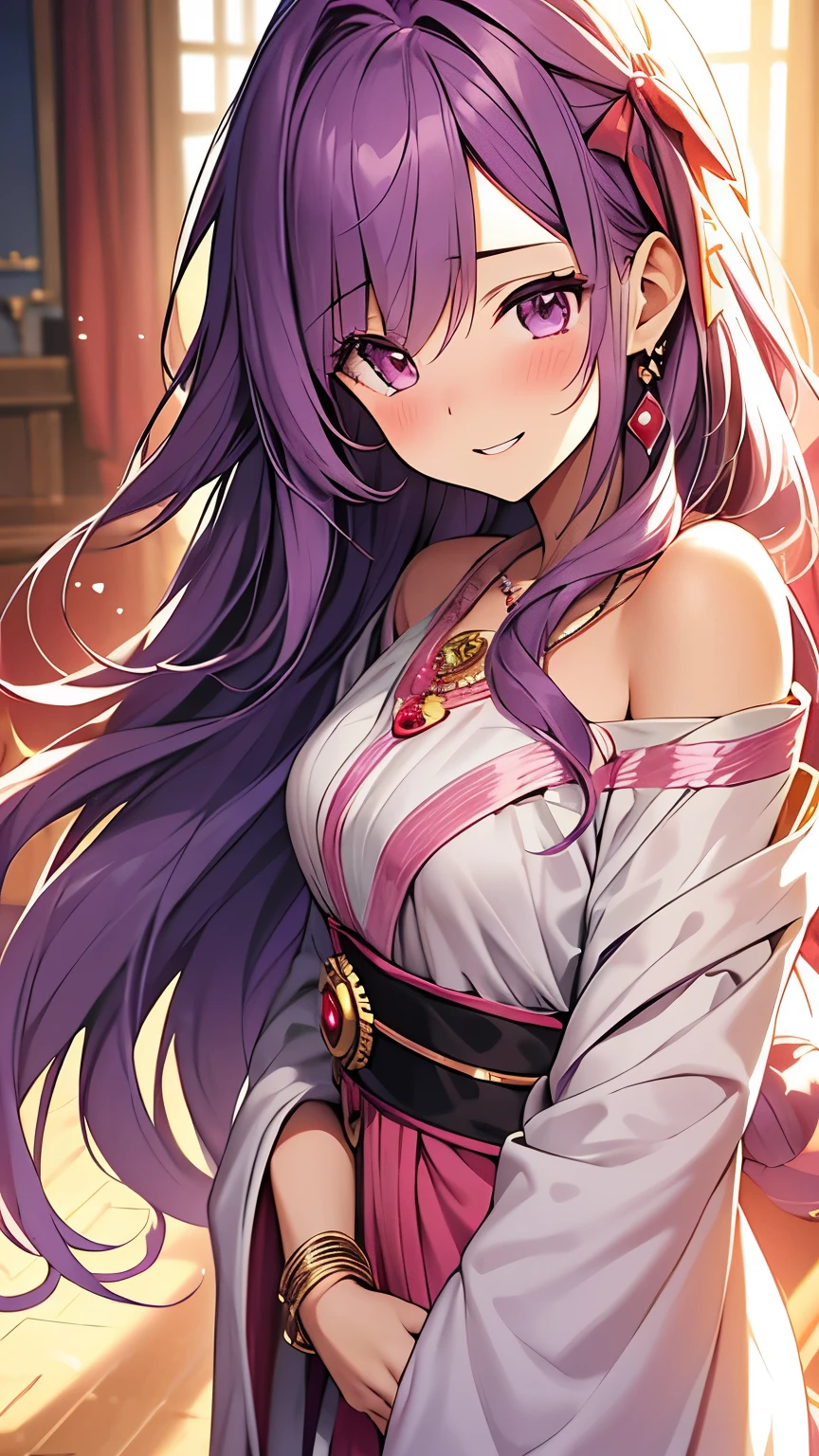 long hair, blush, smile, hair strand, ribbon, parted lips, jewelry, purple hair, hair over shoulder, tachi-e, anime style, character chart, masterpiece, ccurate, award winning