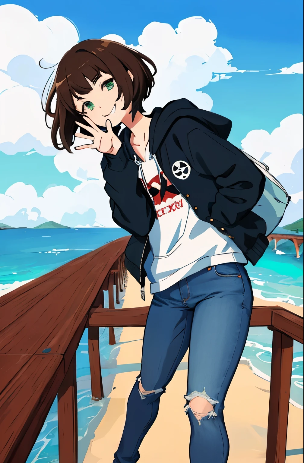 Anime girl standing on a pier with a cell phone to her ear - SeaArt AI