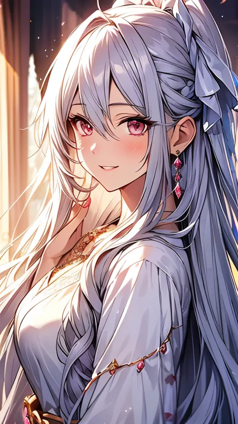 long hair, crystal earrings, blush, smile, silver hair, hair strand, ribbon, parted lips, tachi-e, anime style, character chart,...