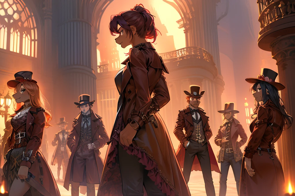 a fearouge gang, (puissant), (rouge trench coat), le dédain sur leur visage, arrogance, velu, chemises à froufrous, Riche, mâle, femâle, groupe, steampunk, (Sinistre), mystérieux, sombre, rouge, Éclairage naturel, Crépuscule, groupe pose, ensemble, incrougeible lighting, unique, chef-d&#39;œuvre, 4K, HD, haute qualité, steampunk_costume