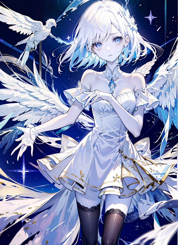 An an angel is depicted with a pale and Luminous complexion, their skin seemingly Luminous with an otherworldly Shine. They are adorned with a pair of sparkling and elegant wings, symbolizing their divine nature. The scene is unearthly and Charming, capturing the beauty and a secret of these celestial beings. an angel, pale, Luminous, complexion, Luminous, otherworldly, Shine, sparkling, elegant, wings, divine, unearthly, Charming, beauty, a secret.Upper body,