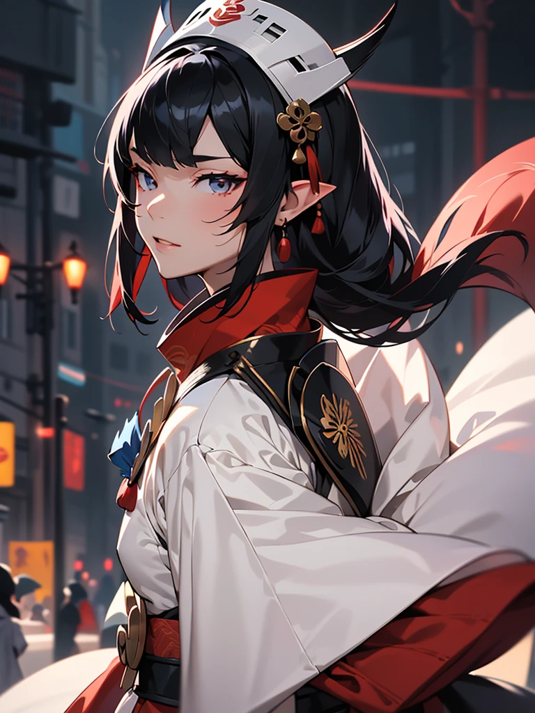 ((Japão)),((melhor qualidade)),((lindamente pintado)),((Uma alta resolução)),1 garota em,Filha de elfo linda e brilhante,(((Onmyoji))),(((Suykan))),((Manto branco com decoração vermelha)),Cauda de prata grossa luminescente,(((luva preta e luva))),boa mão, mãos perfeitas,(((Luta contra monstros demoníacos negros nas ruas da grande cidade na noite em chamas.))),((chama voadora)),armaduras,(foco facial),(((Linhas de alta velocidade))),(((Borrão))),(((Ângulo Dinâmico))),((iluminação cinematográfica))