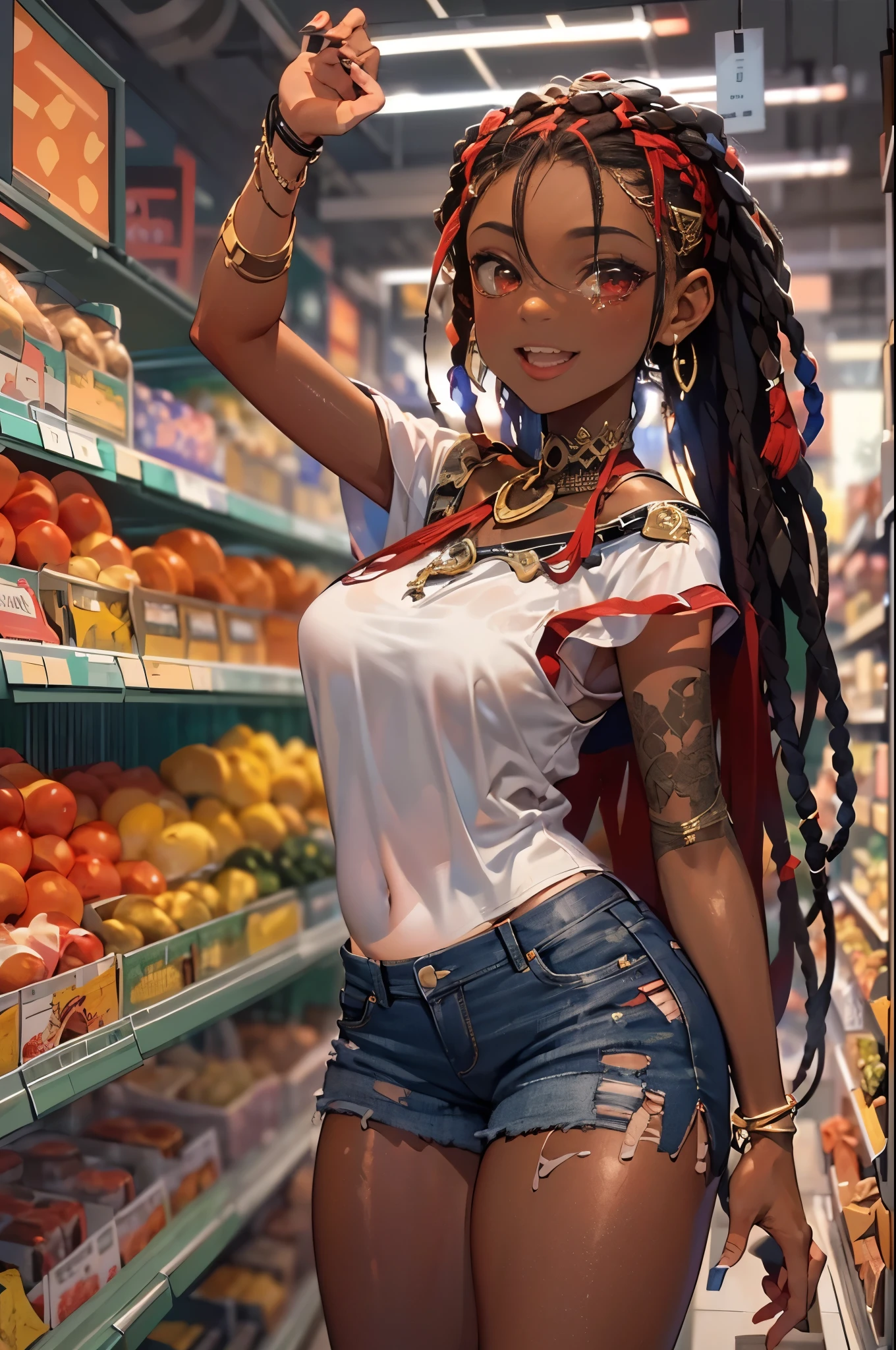 NSFW, 1girl, official anime art illustration, gilded jeweled circlet, long black and red dreadlocks, red eyes, (tall plump dark-skinned Haitian girl inside grocery store bakery aisle), small breasts, sheer tight detailed red crop top, short ripped tight jean shorts, thick thighs, playing with hair, wink and smile expression, perfectly photorealistic, incredibly detailed, 8k, UHD, masterpiece, best quality, ultra detailed, intricate,