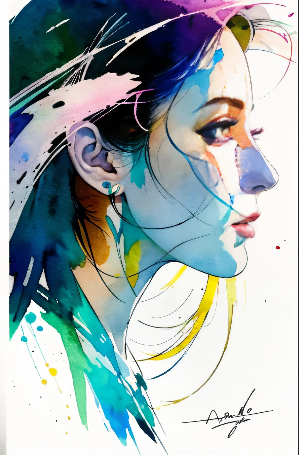 pintura de mujer, vaso, arte figurativo, Pintura de acuarela intensa, arte detallado de acuarela, salpicadura de acuarela, surreal, arte pop de vanguardia, Pinturas hermosas y expresivas., Hermosa ilustración de arte, tonos muy coloridos, maravilloso, Belleza fresca, de la máxima calidad,Arte oficial, Solo mujeres, contorno nítido, mejor tiro, vector art, Escrito por Sandra Chevrier, David McKean、Por Richard Avedón、Escrito por Makiezi Kusiala, diseño luminoso, ramo de espectro de luz