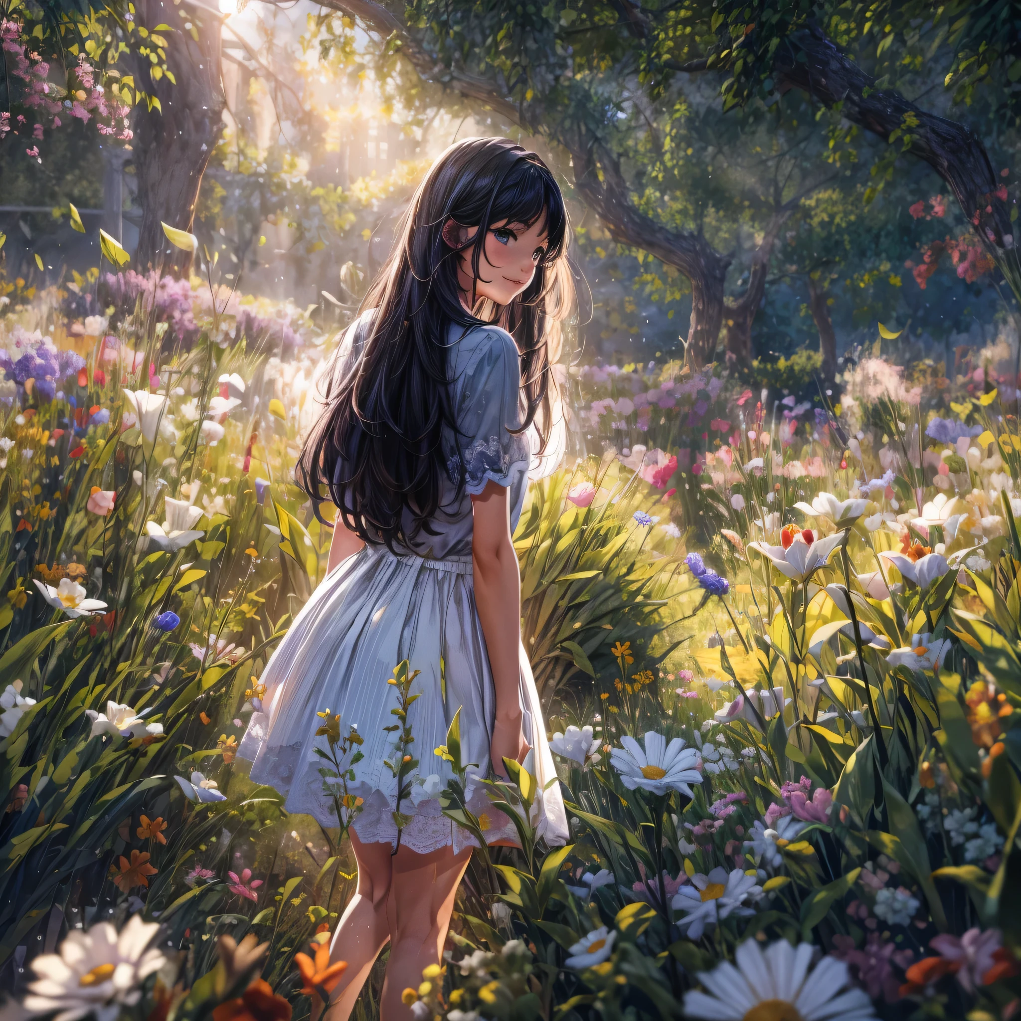 Best image quality, cultural relic, Illustrator, (((alone))), high resolution, super detailed, super detailed, Detailed environment, A variety of flowers, green fields (Rear view),landscape，summer，(young girls , 18 years old,Black hair and white skirt，long hair，Smile，Normal face shaping)， wide angle，Surrealism, Cinema lighting, glowing light, reflected light, divine light, backlight, Ray tracing, ultra high definition, masterpiece, precise, anatomically correct, best quality, high detail, high quality, high resolution, 8k