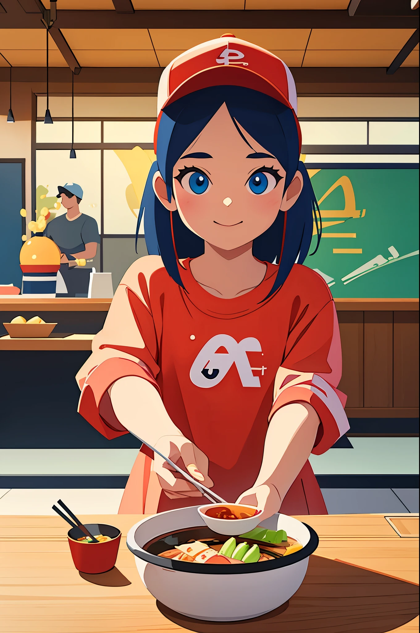 masterpiece，best quality，Hot pot restaurant， cute girl，Girl eating hot pot，Casual attire，baseball cap，Pixar，（Next generation 3D model），（three-dimensional）Cartoon，High gloss greasy