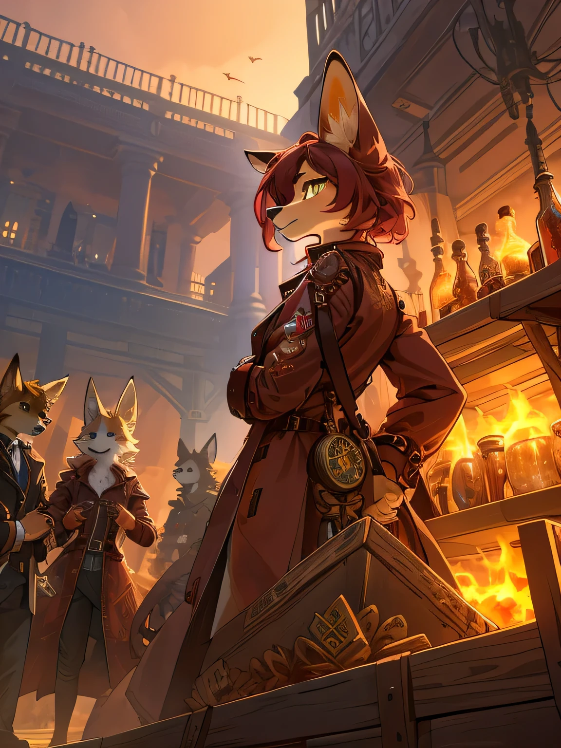 A commanding, confident female fennec fox [1girl] with strikingly detailed, piercing golden eyes [beautiful detailed eyes] shouts across to workers on a series of stacked crates, furry, dressed in a vibrant red trench coat [red trench coat]. She commands a group of workers, directing them to move heavy objects [ordering workers to move things] amidst the thick, dusty air. The image is of the highest quality [best quality, high-res, 4k, masterpiece:1.2], steampunk_costume, capturing the ultra-detailed features of every element in the scene. The artistic style combines elements of realism and concept art, with a dominant color palette of muted red tones contrasting against the dusty surroundings. Interesting composition, depth of field, interesting perspective