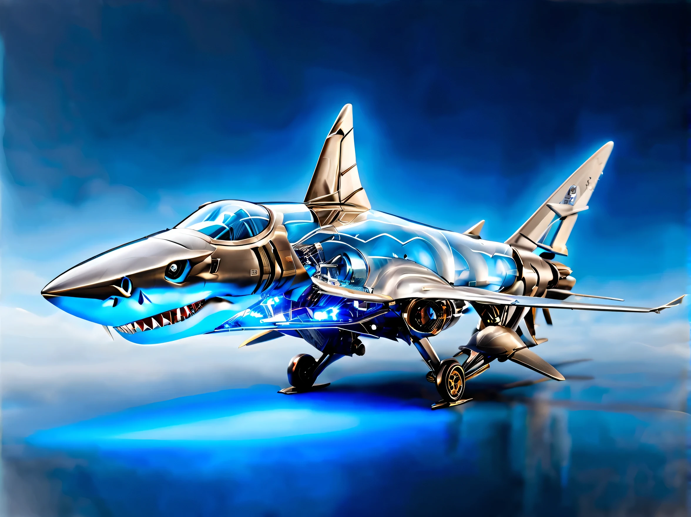 (best quality，HD:1.2)。鲨鱼造型的helicopter，helicopter，inspired by sharks，Transparent mechanical shark，sharp metal teeth，LED glowing eyes，translucent body，Demonstrate complex internal structure，metal reflection，dynamic poses，sharp focus。Fly in the sky，Dream clouds。