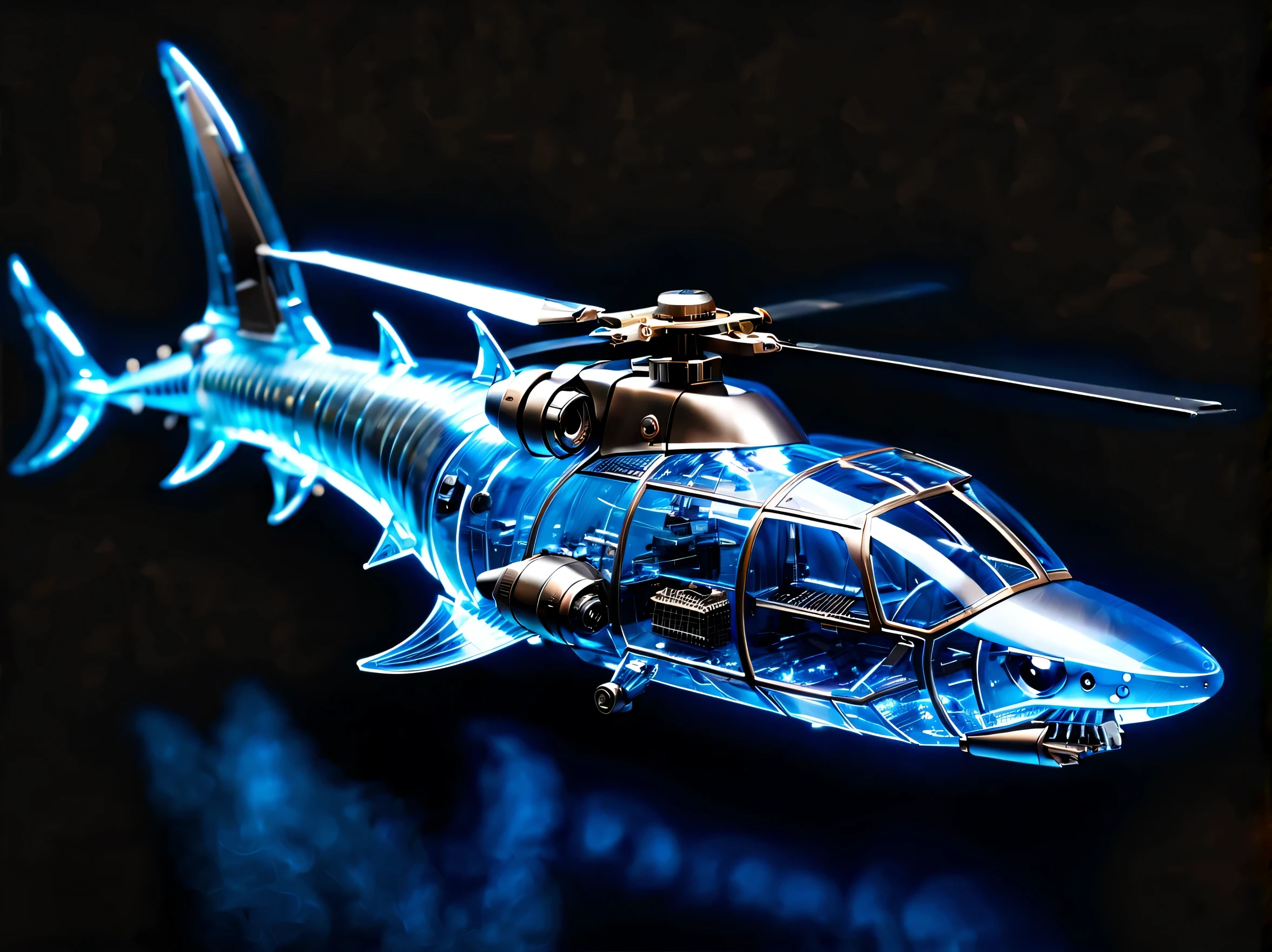 (best quality，HD:1.2)。鲨鱼造型的helicopter，helicopter，inspired by sharks，Transparent mechanical shark，sharp metal teeth，LED glowing eyes，translucent body，Demonstrate complex internal structure，metal reflection，dynamic poses，sharp focus。Fly in the sky，Dream clouds。