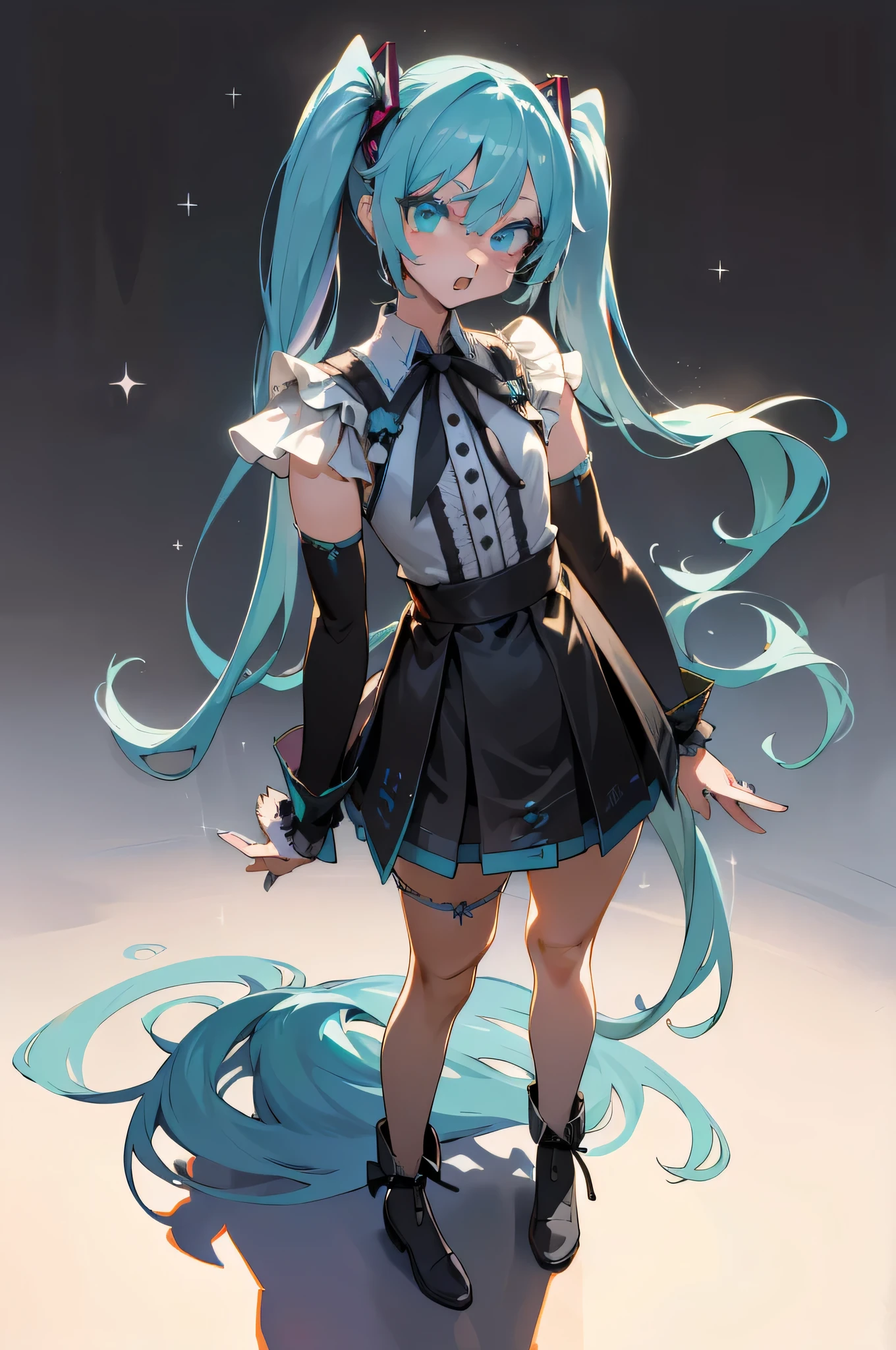 (((body art style))), (((1 girl))), (((dead, singing voice, Miku Hatsune dead))), (((long hair, double ponytail hair))), ((cyan eyes:1.3, upturned eyes: 1, perfect eyes, beautiful and delicate eyes, gradient eyes: 1, Exquisite and beautiful eyes: 1, symmetrical eyes: 1, There is a big bright spot in the eyes: 1.2)), (((有Light泽的皮肤: 1.5, bright skin: 1.5, White skin, 有Light泽的皮肤, Very 有Light泽的皮肤, shining body, 塑料闪Light皮肤, Exaggerated 有Light泽的皮肤, 发Light的皮肤))), (detailed body, (Detailed face)), young, (best quality), shirt, loose skirt, garter belt, , high resolution, sharp focus, super detailed, Very detailed, extremely high quality art, (actual, Photoactual: 1.37), 8k_wallpaper, (Very detailed CG 8k), (Very beautiful 8K CG), ((Hyper Super super detailed Perfect Piece)), (((perfect masterpiece))), illustration, bright colors, (complicated), high contrast, selective lighting, Double contact, human development report (high dynamic range), post processing, background blur, ink shadow, Darker shadows, dense shadow, High quality shadows, high detail, actual, Light, 侧Light, 镜头Light晕, Light线追踪, sharp focus,