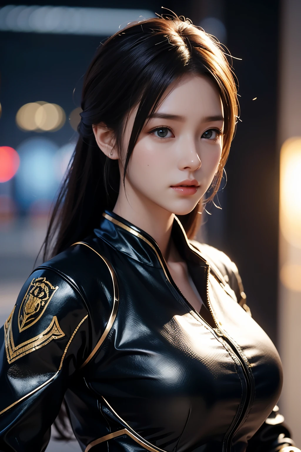 Game art，The best picture quality，Highest resolution，8K，((A bust photograph))，((Portrait))，(Rule of thirds)，Unreal Engine 5 rendering works， (The Girl of the Future)，(Female Warrior)，22-year-old girl，(Long hair casual)，(Future-style military wear，A beautiful eye full of detail)，(Big breasts)，(Eye shadow)，Elegant and charming，Smile，(frown)，(Battle suits of the future，Features of Cyberpunk Fighter Clothing，Joint Armor，The dress has a fine pattern and badge)，Cyberpunk warriors，((Action Game Characters))，Future Style， Photo poses，Street background，Movie lights，Ray tracing，Game CG，((3D Unreal Engine))，oc rendering reflection pattern