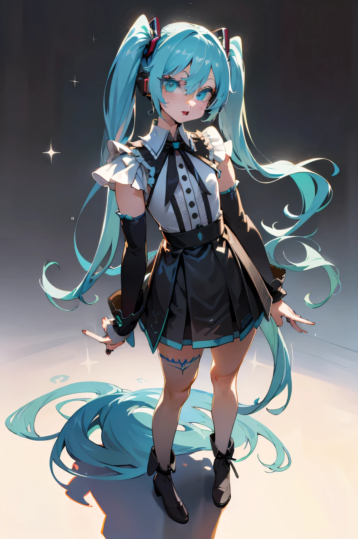 (((Body art style))), (((1 girl))), (((dead, singing voice, Miku Hatsune dead))), (((long hair, double ponytail hair))), ((cyan eyes:1.3, upturned eyes: 1, perfect eyes, beautiful and delicate eyes, gradient eyes: 1, Exquisite and beautiful eyes: 1, symmetrical eyes: 1, There is a big bright spot in the eye: 1.2)), (((有Light泽的皮肤: 1.5, bright skin: 1.5, White skin, 有Light泽的皮肤, Very 有Light泽的皮肤, shining body, 塑料闪Light皮肤, Exaggerated 有Light泽的皮肤, 发Light的皮肤))), (detailed body, (Detailed face)), young, (best quality), shirt, loose skirt, garter belt, , high resolution, sharp focus, super detailed, Very detailed, extremely high quality art, (actual, Photoactual: 1.37), 8k_wallpaper, (Very detailed CG 8k), (Very beautiful 8K CG), ((Hyper Super super detailed Perfect Piece)), (((perfect masterpiece))), illustration, bright colors, (complicated), high contrast, selective lighting, Double contact, human development report (high dynamic range), post processing, background blur, Ink shadow, Darker shadows, dense shadow, High quality shadows, high detail, actual, Light, 侧Light, 镜头Light晕, Light线追踪, sharp focus,