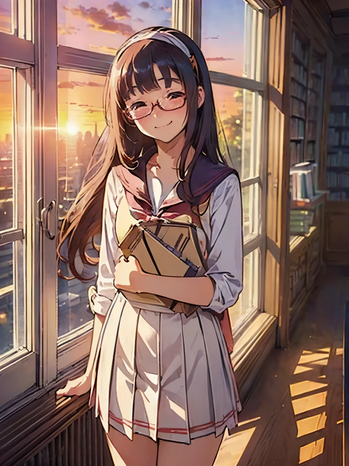 (((masterpiece))) ((( background : romantic theme : students : in library : window showing sunset ))) ((( character : Kanna : fit body : long smart hair : hairband : model student : nerd : wearing glasses : summer school uniform : standing : closed eyes : cute smile : blush)))