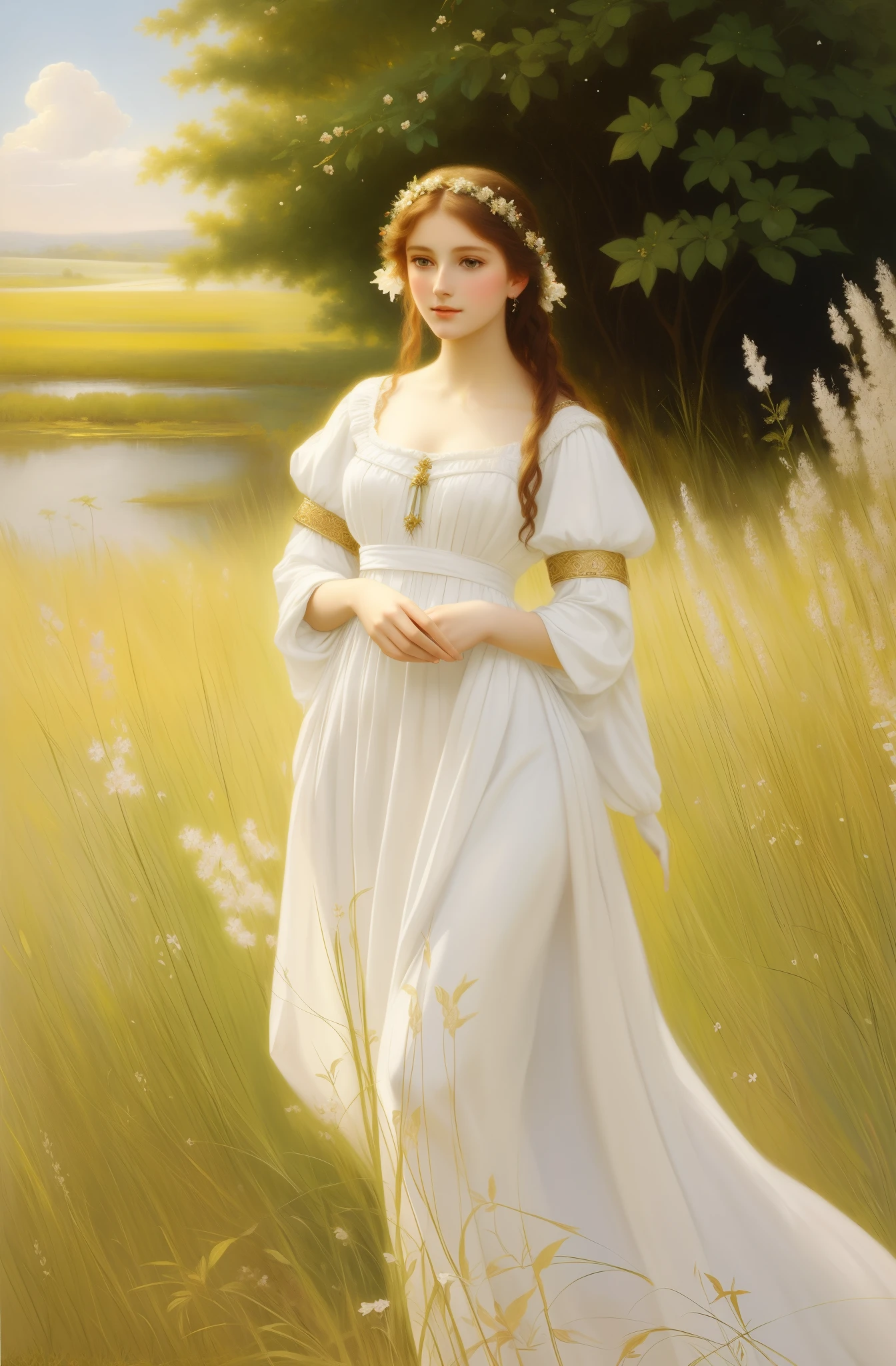 Pintura de una mujer con un vestido blanco de pie en un campo, hermosa doncella, hermosa pintura de personajes, inspirado en Alexandre Cabanel, pintura de la época romántica, inspirado en Pierre Auguste Cot, Hermosa diosa, hermosa doncella de fantasía, estilo de arte romanticismo, una impresionante figura etérea joven, una hermosa pintura, arte de edouard bisson