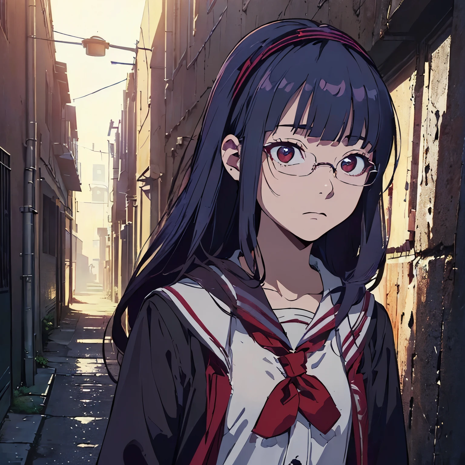 (((masterpiece))) ((( background : horror theme : students : backalley : dark : night : creepy dim light ))) ((( character : Kanna : fit body : long smart hair : hairband : model student : nerd : wearing glasses : summer school uniform : walking back home)))