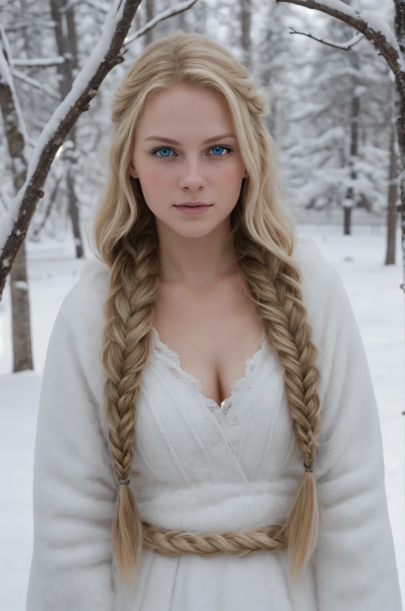 (实际的:1.2), 模拟摄影风格, 斯堪的纳维亚女战士, 梦幻般的雪景, 金色辫子头发, 全身, 柔和的自然光, 可爱又性感, 乐趣, 细致的脸部和蓝眼睛, 优良的品质, 杰作, 详细的北方背景, 质量: 16千, RAW 照片
