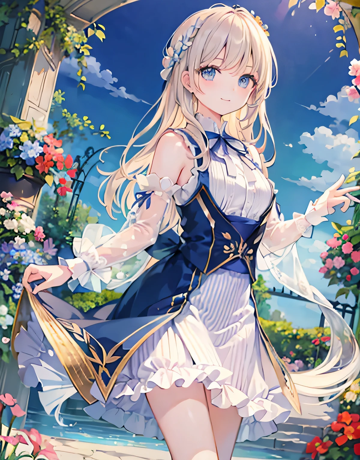 masterpiece, garden, blue sky, Thin blonde hair, long hair, long eyelashes, blue eyes, smile, ribbon in hair, gentle expression, Floral decoration, bangs,満面のsmile、spin、floating skirt、dance、キュートなsmile、cool look、 destroy the tall tower、detailed landscape、Background writing、