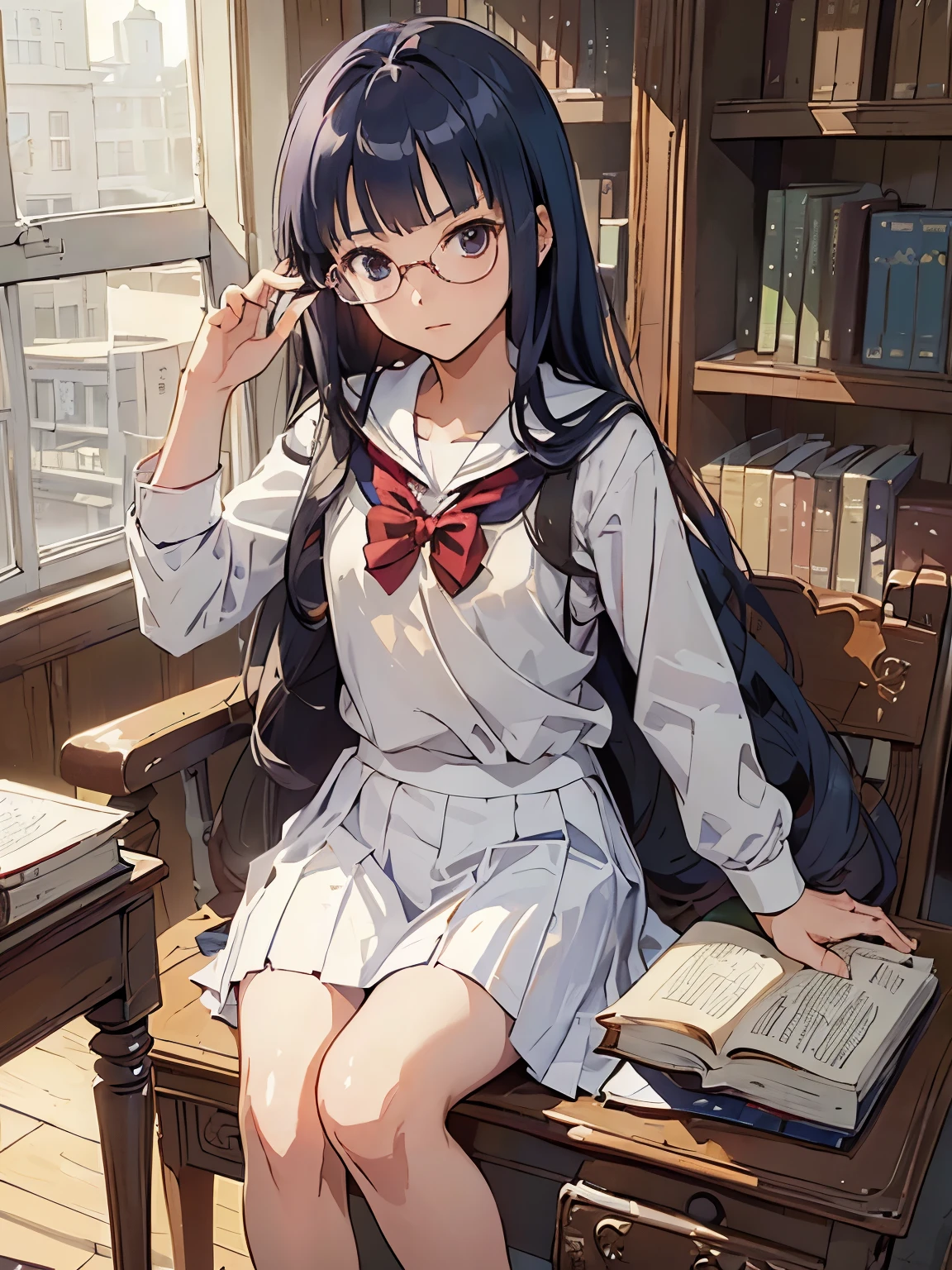 (((masterpiece))) ((( background : romantic theme : students : in library : books ))) ((( character : Kanna : fit body : long smart hair  : model student : nerd : wearing glasses : summer white  : sitting : serious studying )