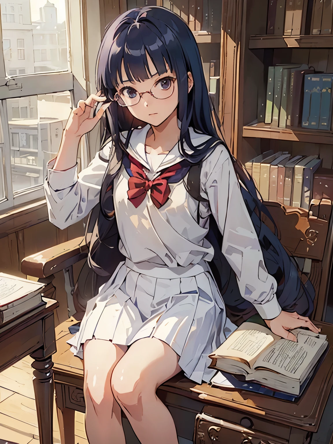 (((masterpiece))) ((( background : romantic theme : students : in library : books ))) ((( character : Kanna : fit body : long smart hair  : model student : nerd : wearing glasses : summer white school uniform : sitting : serious studying )