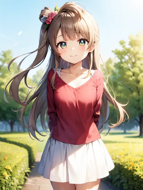 highest quality、anime girl with brown hair and beautiful flowers々Park where flowers bloom Kotori Minami、put your arms behind you...