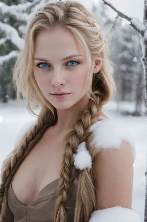 (Realistic:1.2), Analog Photography Style, Scandinavian woman warrior, fantastic snowy setting, braided blonde hair, whole body,...