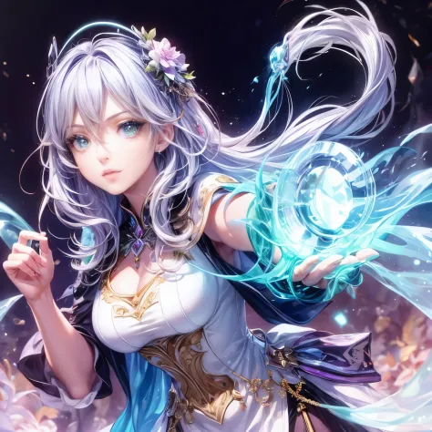 (highest quality:1.4),(masterpiece:1.4),super detailed,8K,cg,exquisite,Upper body,Lonely,thumb girl,(green eyes), (light purple hair), Little Princess,flowing coat dress,garden background,detailed facial features,long curly hair,Almond Eyes,Delicate eye ma...
