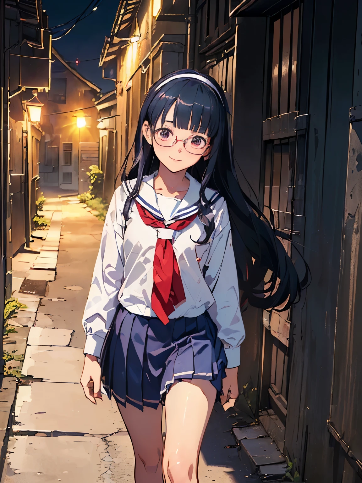 (((masterpiece))) ((( background : horror theme  : backalley : dark : night ))) ((( character : Kanna : fit body : long smart hair : hairband : model student : nerd : wearing glasses : summer white school uniform : walking : blushing : smilling : deep in thoughts)))