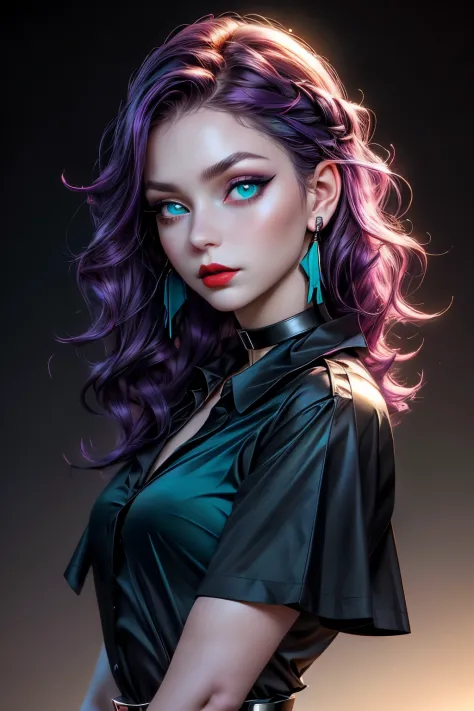a beautiful young girl with wavy purple hair, a black choker on her neck, ((light bright turquoise eyes)), Artgerm, stanley artg...
