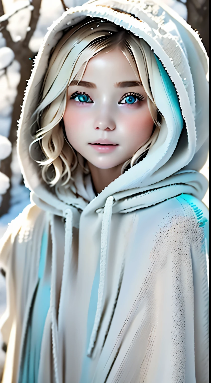 outdoor:1.5、winter、snow、White World、Frozen World、White world、one girl、24 only、perfect anatomy、correct human body、ash blonde、layered haircut、short wavy hair、Woman with cute face、turquoise eyes、Perfect good looks、Natural color poncho style hoodie、wearing a hood、silence、outdoor、white wall、rhyme、White world、blurred background、natural soft light、born、Photoreal、最high quality、high quality、High level image quality、