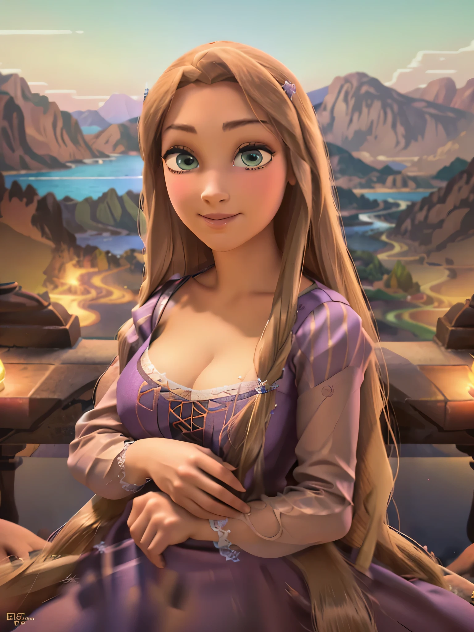 a\(Mona Lisa\), rapunzel-tngl, Mona Lisa, Rapunzel, smiling, big and expressive eyes, blue eyes color, (eyes looking front), (((big breasts))), (extra long hairs), bright yellow hair color, ultra detailed hairs, (((ultra detailed princess dress of Rapunzel))), (((sexy cleavage))), (outdoor natural landscape), detailed background, bright colors, realistic lighting, light particles