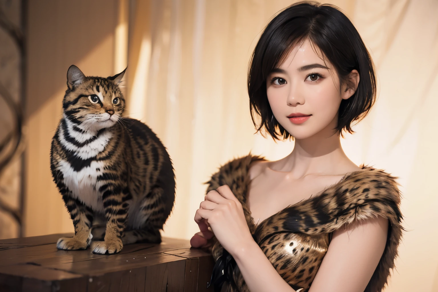 145
(20 year old woman,Animal print costume), (surreal), (High resolution), ((beautiful hairstyle 46)), ((short hair:1.46)), (gentle smile), (breasted:1.1), (lipstick)
